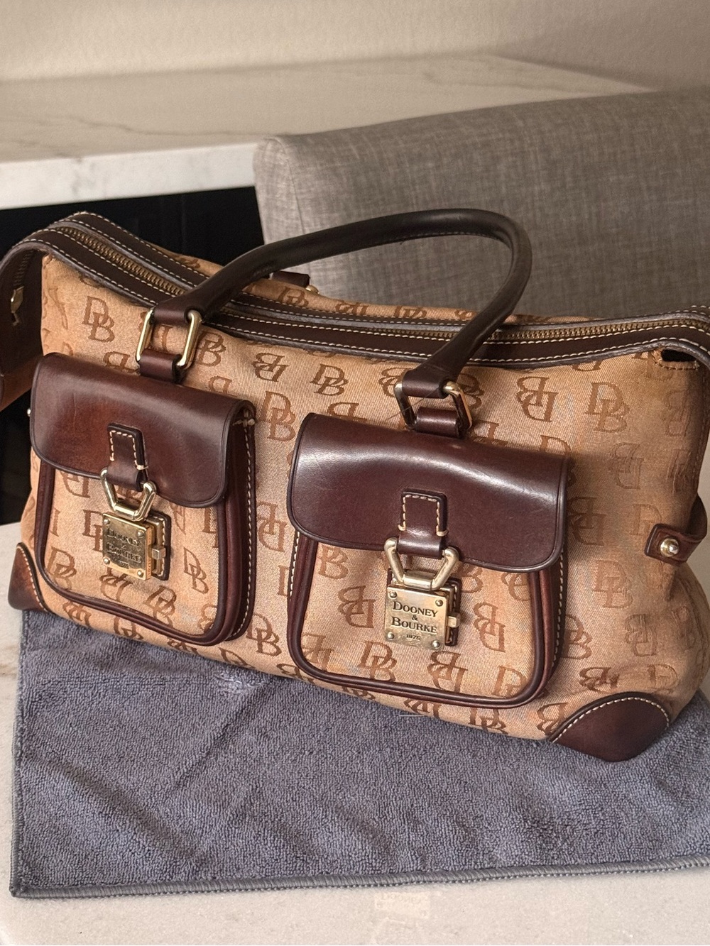 Dooney & Bourke Tan and Dark Brown Signature Shoulder Bag - Picture 2 of 13